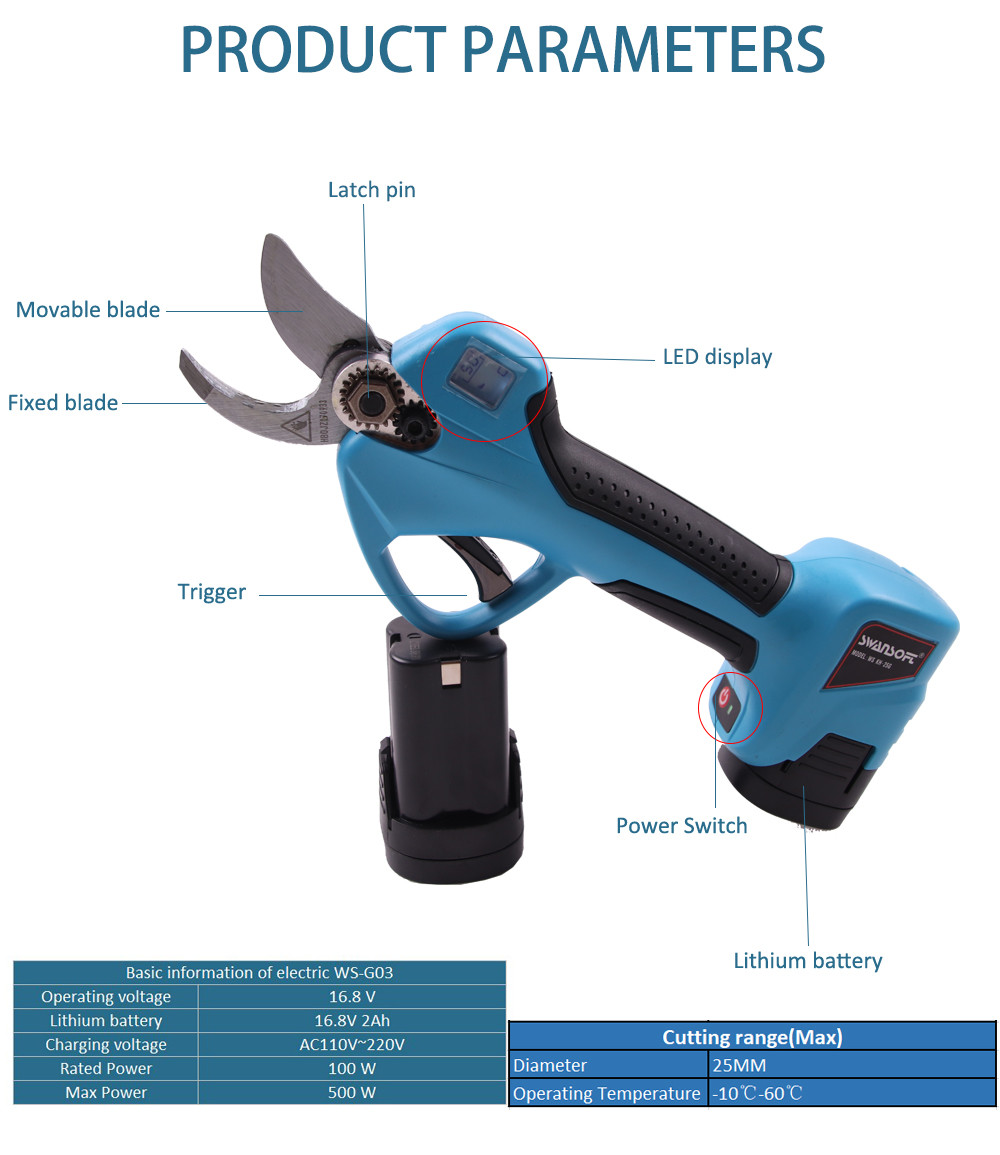 Swansoft Finger Protection 2.5CM Li battery orchard secateurs best garden tools electric pruners with LED Display