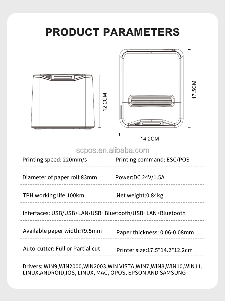 Speed 220mm/s POS 80mm Thermal Receipt Printer USB/Serial/BT Support Multilingual 1D/2D