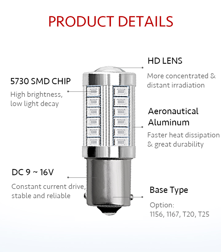 Car Brake Light 1156 BA15S 1157 BAY15D P21W 33 LED 5630 3157 7440 7443 SMD Car Tail Bulb Brake Lights Auto Reverse Lamp