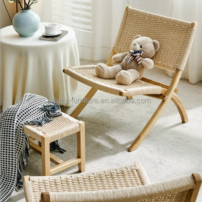 Hotel Living Room Furniture Nordic Style Solid Wood Leisure Chair with Woven Cord and Foldable Design