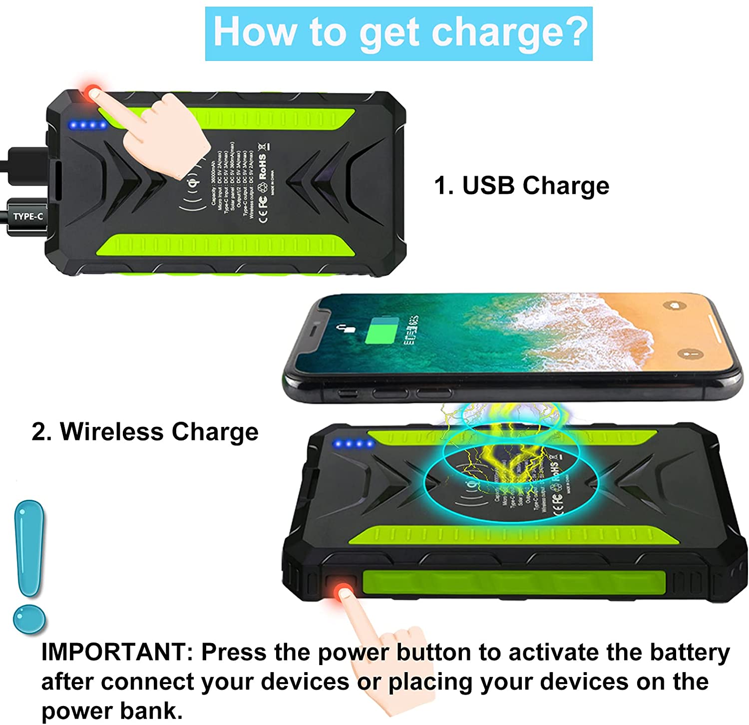 Fast Charging Wireless Solar Power Battery Bank 30000mAh High Capacity