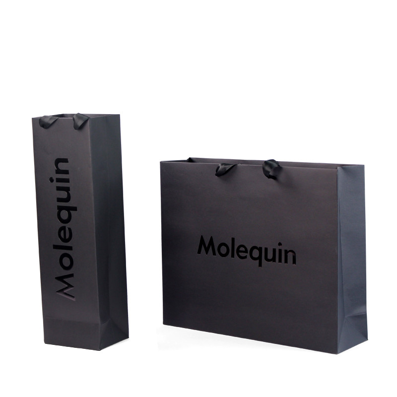 Custom Black Paper Shopping Bags With Ribbon Handles Stylish Product Packaging Box Design