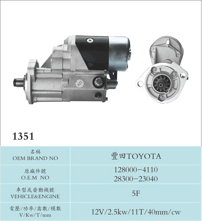 Toyota Aluminium Material Sawafuji Starter Motor 5F 128000-4110 28300-23040