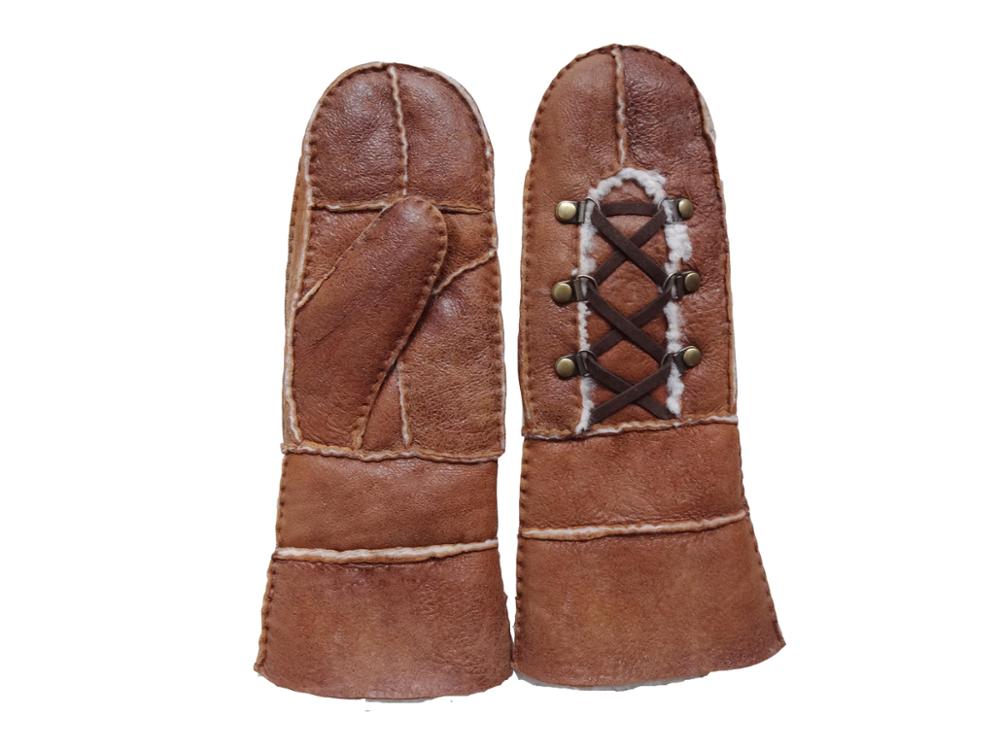 Wholesale Cheap Handsewn Patched Shearling Sheep Fur Lined Women Gloves Winter Warm Lambskin Scrap Leather Ladies Mitten