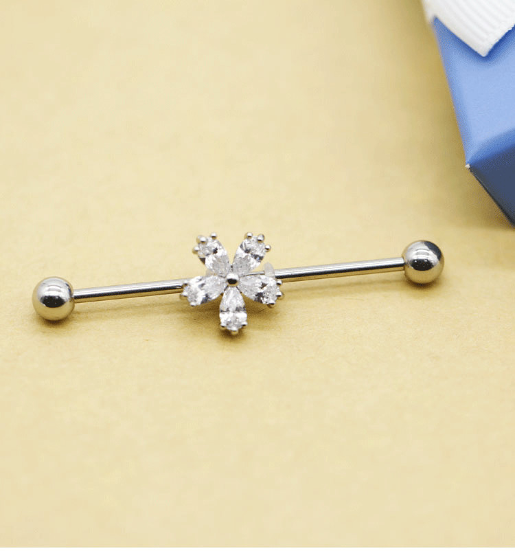 38mm 14G Industrial Piercing Jewelry Surgical Steel Rose Gold AB Crystal Gem