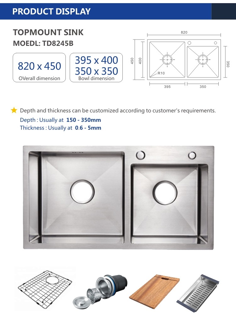 Topmount Stainless Steel Kitchen Sink Brushed Double Bowl 18 Gauge 82x45