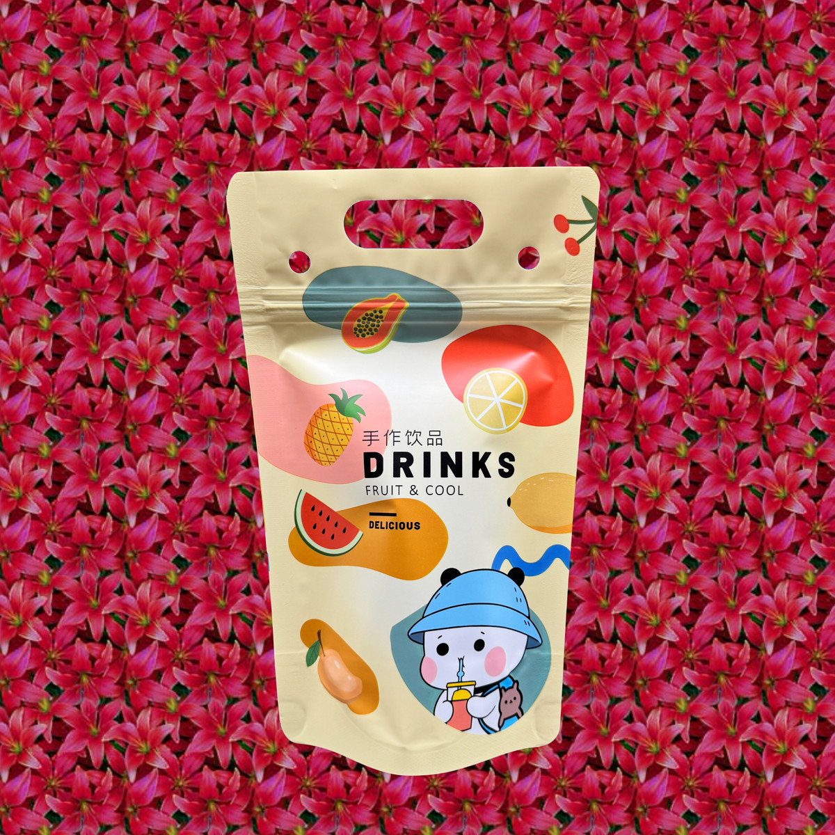 500 ml Custom Design Summer Iced Cold Drink Pouch Bags with Stand Up Bottom Zipper and Hanging Holes for Birthday Party
