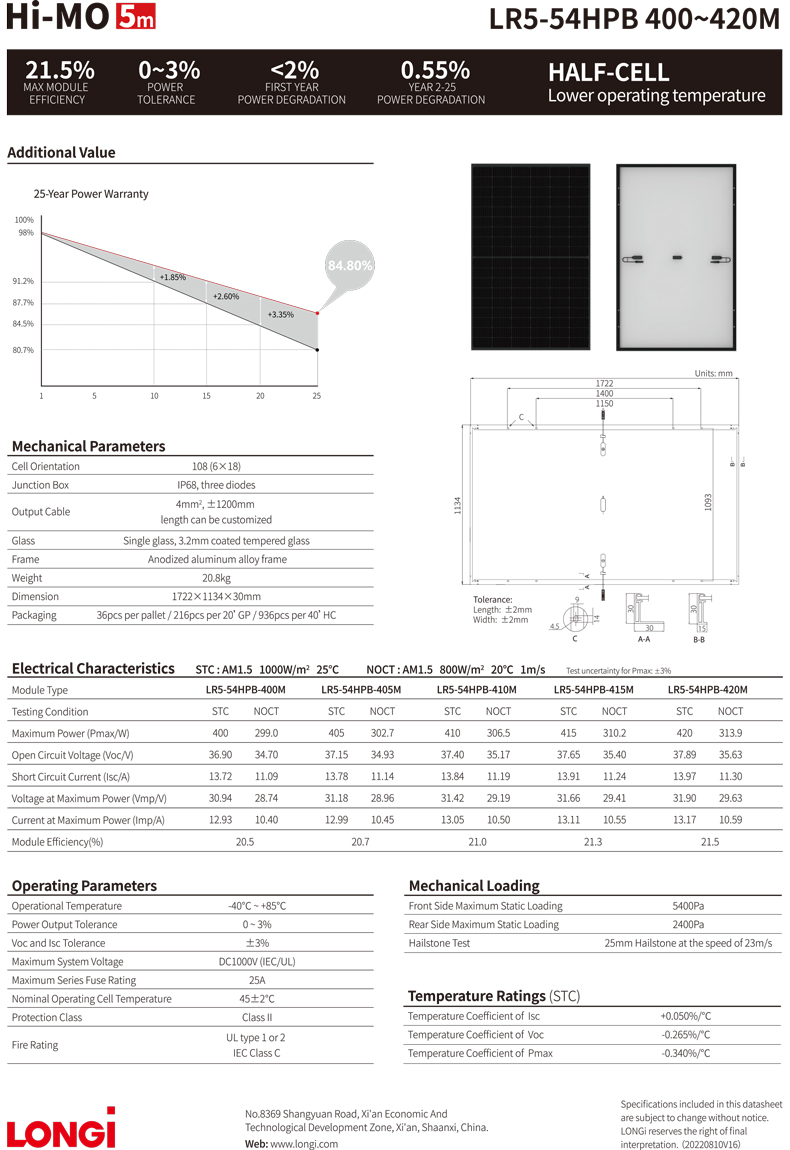 Longi LR5-54HPB 108 Cell Solar PV Module Panels 405w 410W 415w For Home