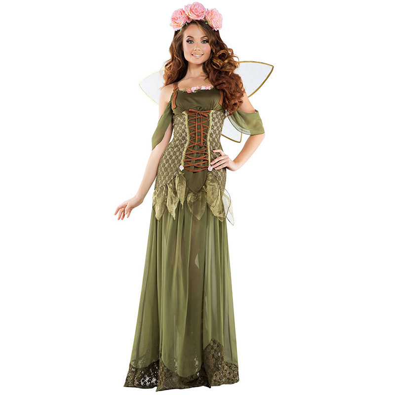 Women's Halloween Role-Play Forest Princess Costume Green Off Shoulder Long Dress Sets Style