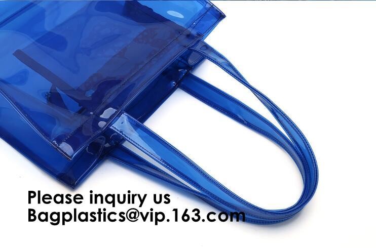 Beach Bag Clear PVC Bag Tote With Inner Pocket And Zipper Closure,PVC Bag Beach Tote With Black Handles, Bagease
