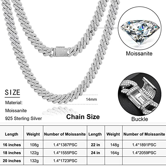 16 Inch Moissanite Hip Hop Chains 18 Inch 925 Sterling Silver Miami Cuban Link Chain