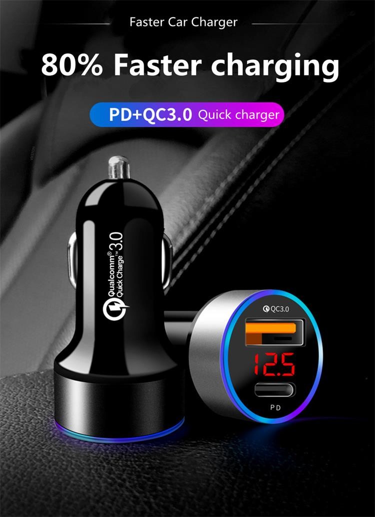 LCD Type C Car Charger PD 6A 36W QC3.0 For IPhone Huawei Xiaomi