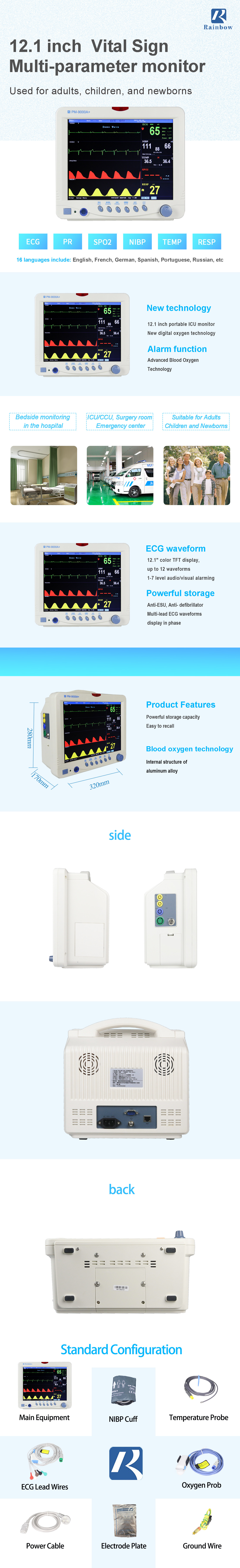 Portable Multi Parameter Patient Monitor Color TFT LCD ECG HR NIBP SpO2 Functions