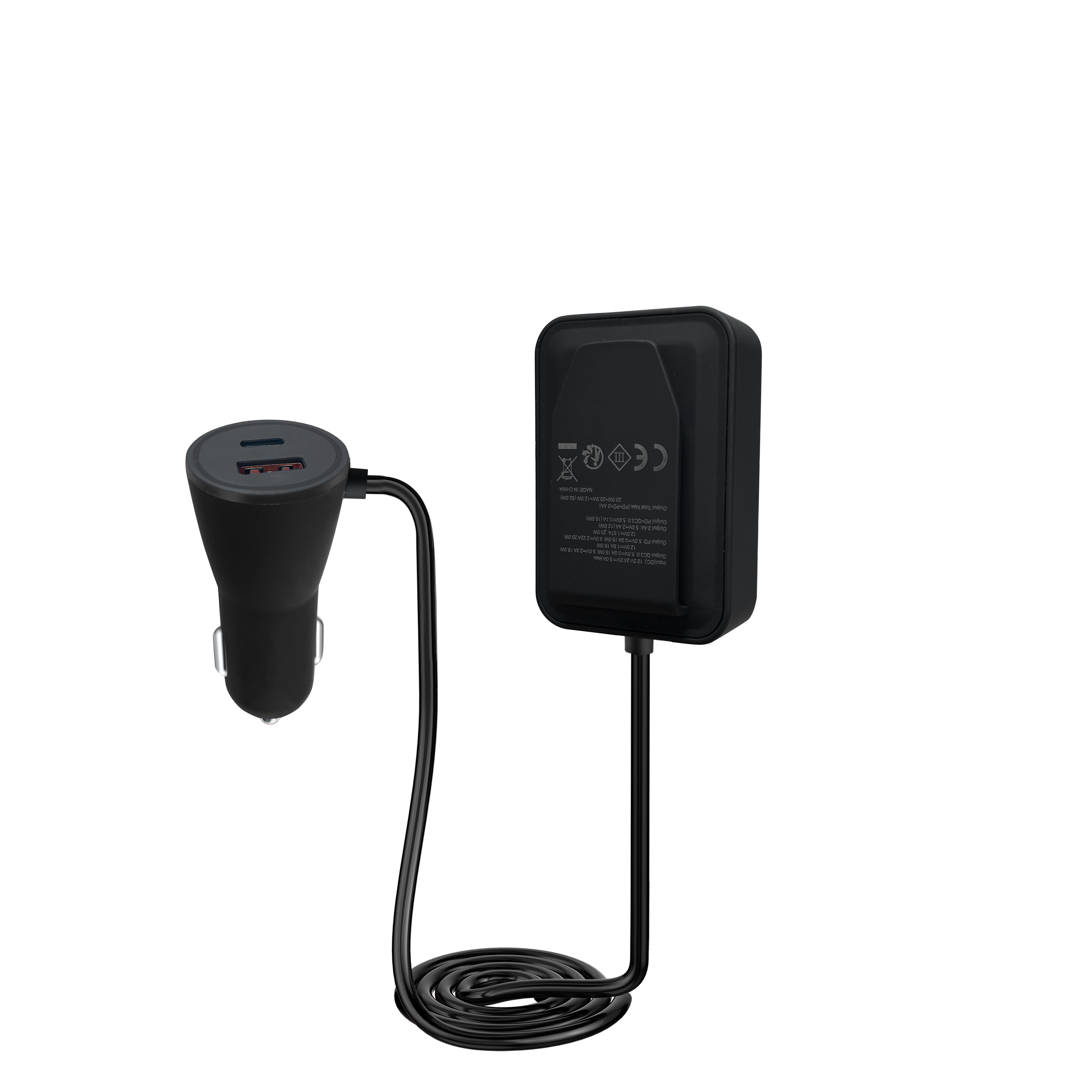 Black Fast Charge USB Car Charger 3 Port USB A & 2 USB C Car Power Adapter