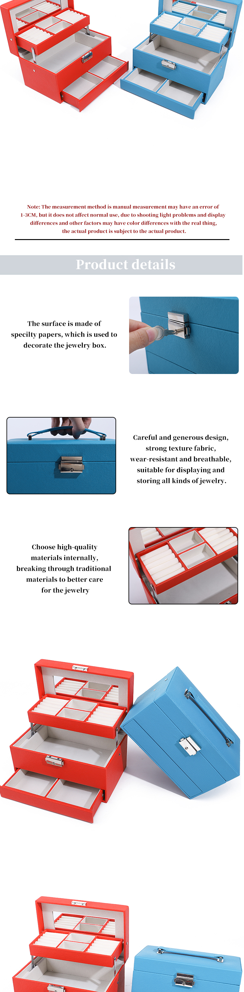 Portable Spacious Space Faux Leather Jewelry Organizer Box Multi Cells Packaging