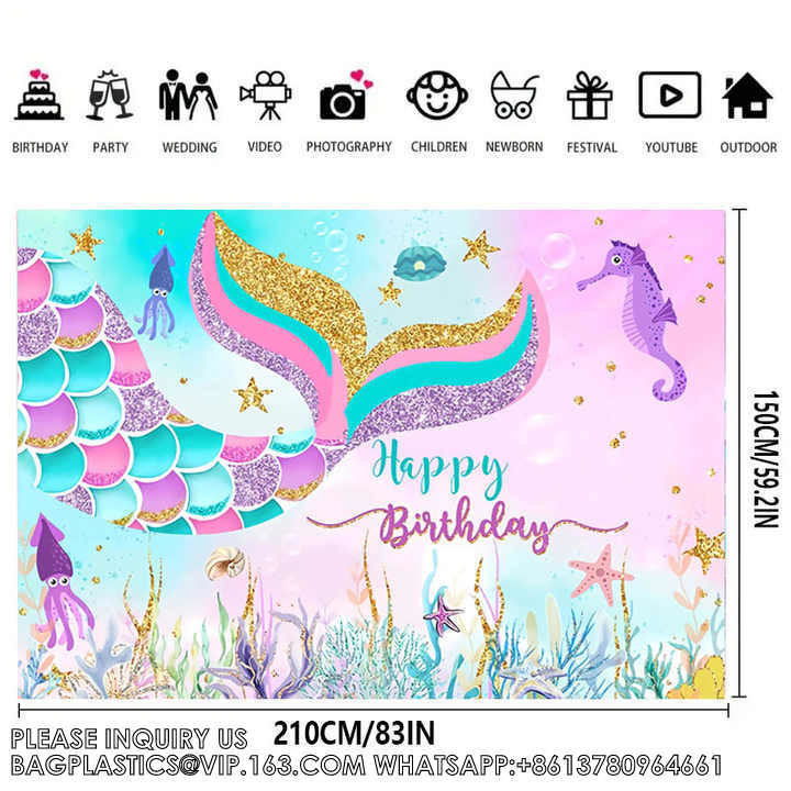 Mermaid Birthday Decoration Backdrop Purple Mermaid Under The Sea Happy Birthday Party Background Decorations