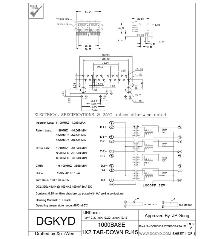 CAT6 Ethernet Cable Connection Jack Rj45 Socket With G/Y LEDs 1000 BASE-TX