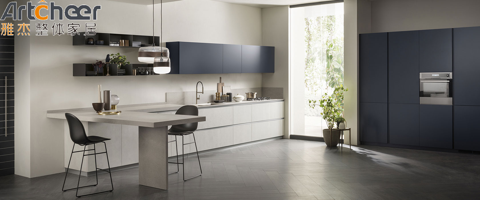 Handless Cabinet Kitchen Design With Island Dining Table And Faucet Accessories In Australia