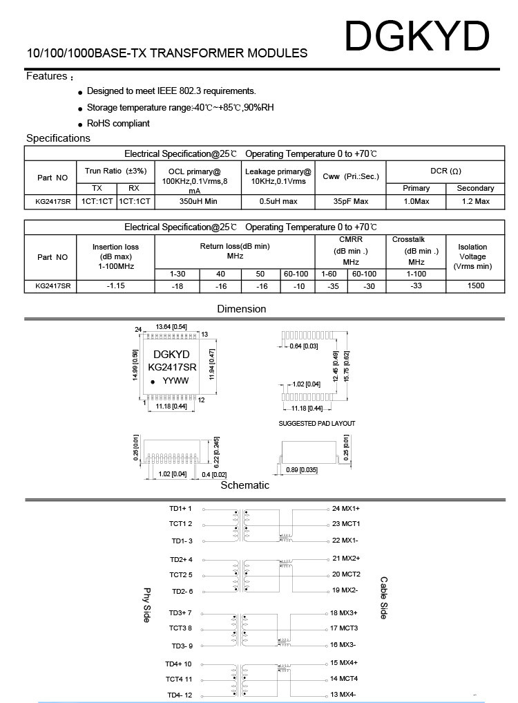 KG2417SR Single Port 1000BASE-TX IC Ethernet Transformer Gigabit Ethernet Filter 24PIN