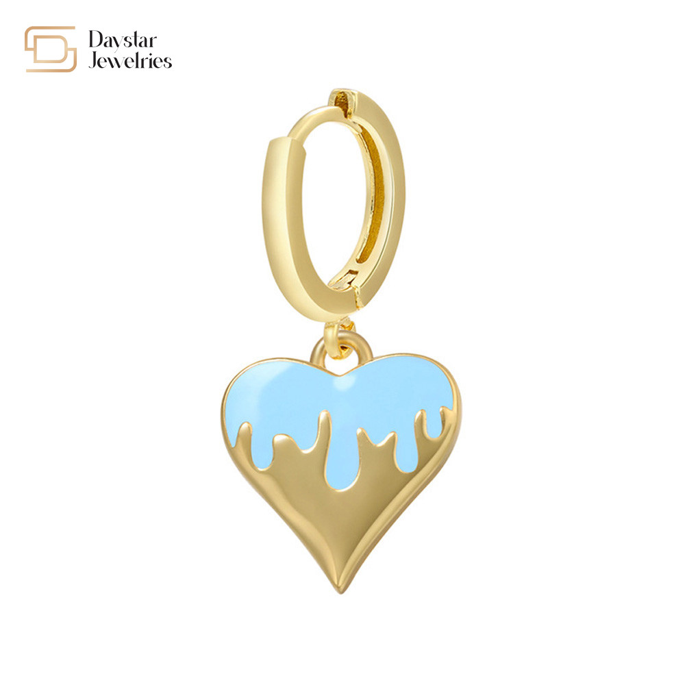 Women 14k Gold Plated Drop Earrings , Colorful Enamel Heart Pendant Hoop Earrings