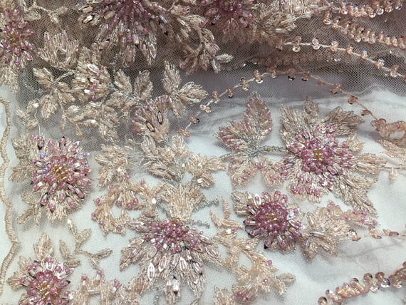 47 Inch Pink Embroidered Heavy Beaded Lace Fabric By The Yard With Scalloped Edge