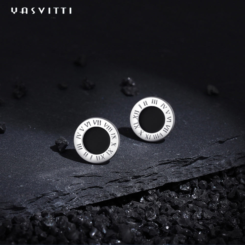 Stainless Steel Round Black Enameled Roman Numbers Stud Earrings