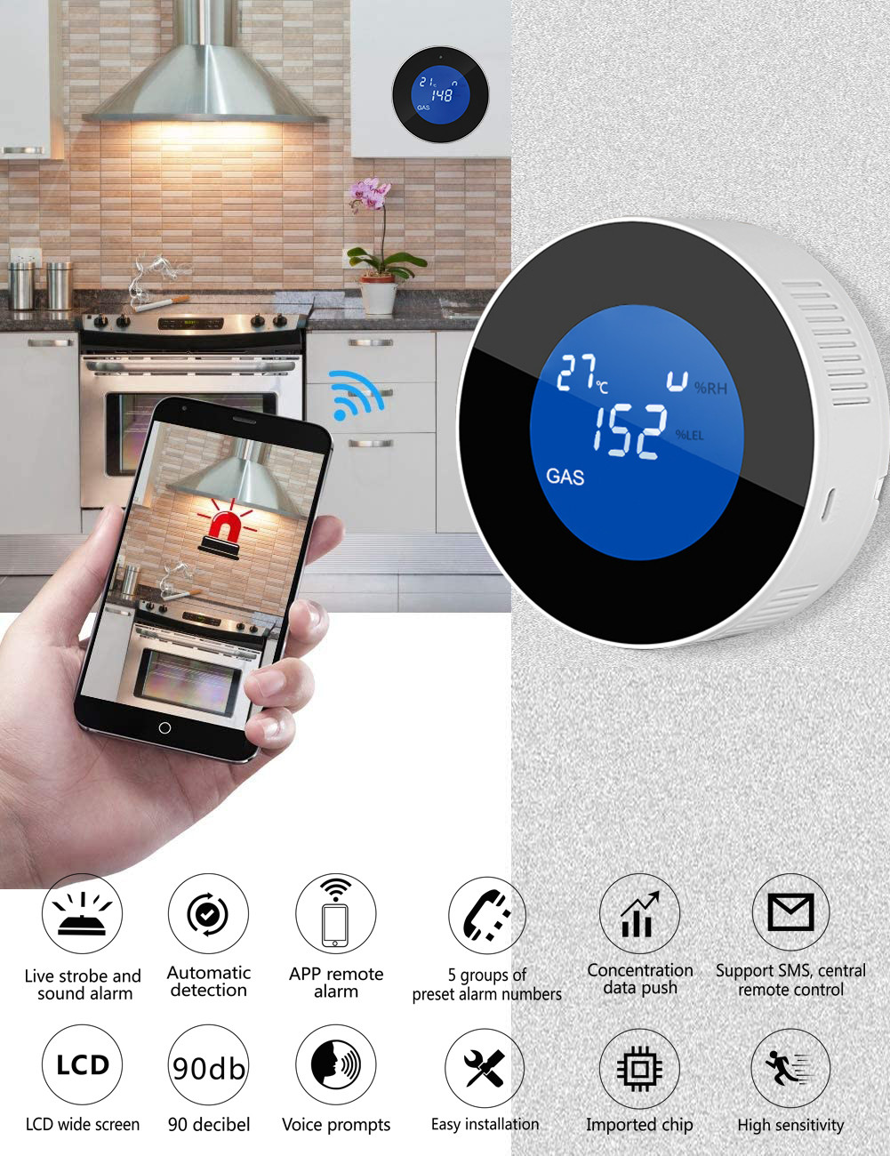 Home Alarm System Wi-Fi Tuya Led Digital Alarm Leak Detector Gas Sensor Gas Leak Detector