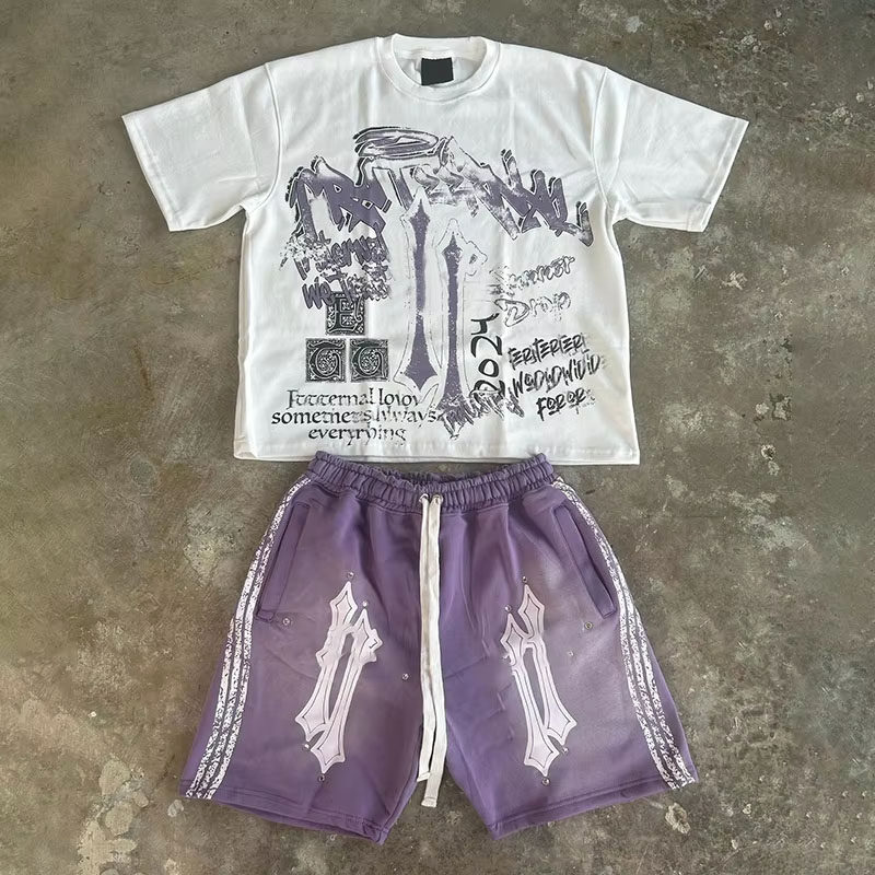 Clothing Manufacturer Custom Streetwear Summer Graphic 100% Cotton Oversized Acid Wash Shorts and t Shirt 2 Piece Set for Men