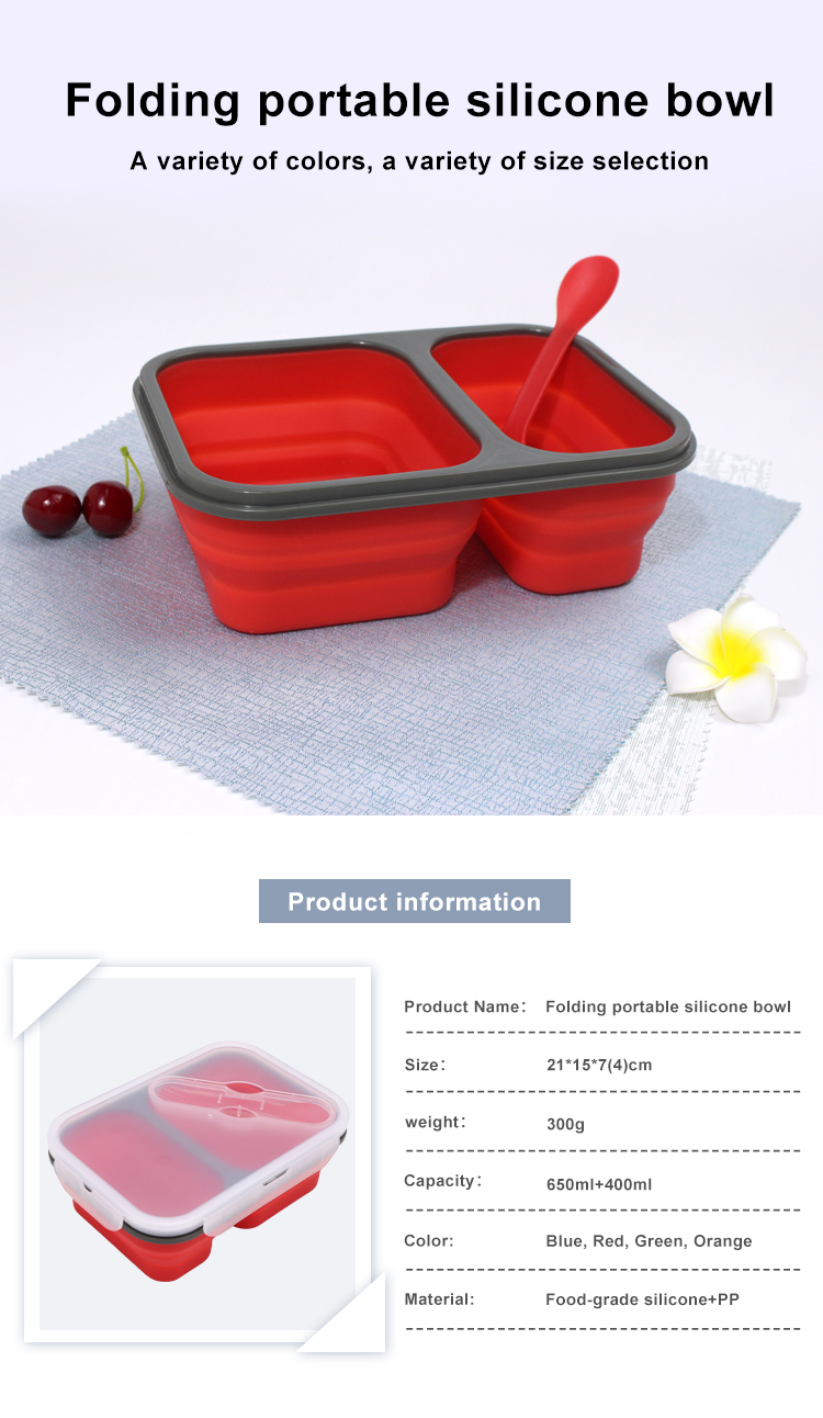 Collapsible Silicone Bento Food Container Microwavable With 2 Compartments