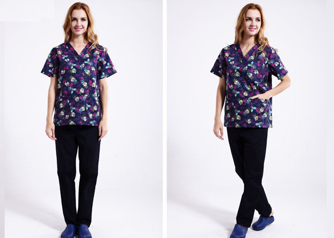 V Neck Printing Scrubs Medical Uniforms , Fancy Pattern Cool Medical T Shirts
