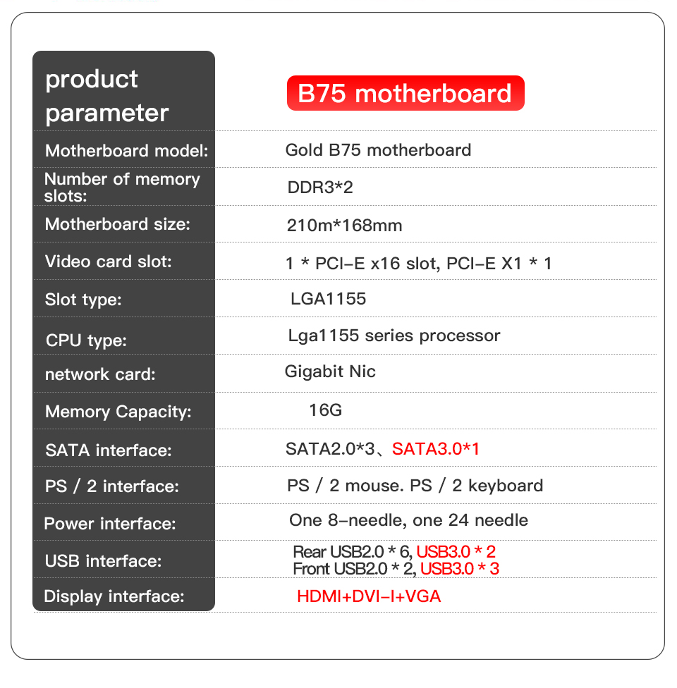 DDR3 X 2 Computer PC Motherboard B75 LGA 1155 Socket H61 210m X 168mm