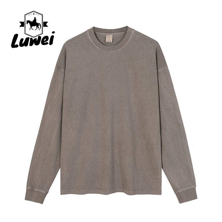 Long Sleeve Heavyweight Cotton Hoodie Grey Crew Neck Vintage Man Sweatshirts