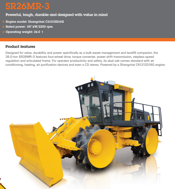 Sanitary landfill compactor Shantui SR26MR-3 26ton trash compactor best price