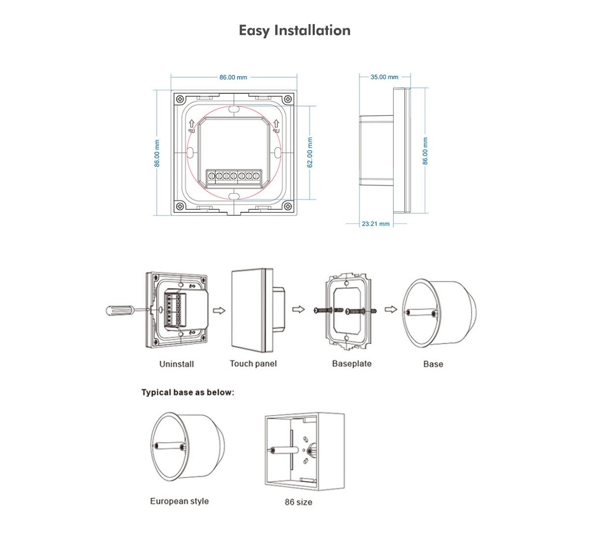 DC12-24V RGB LED Light Controller 4A/3CH Output Wall Mount Touchable Panel
