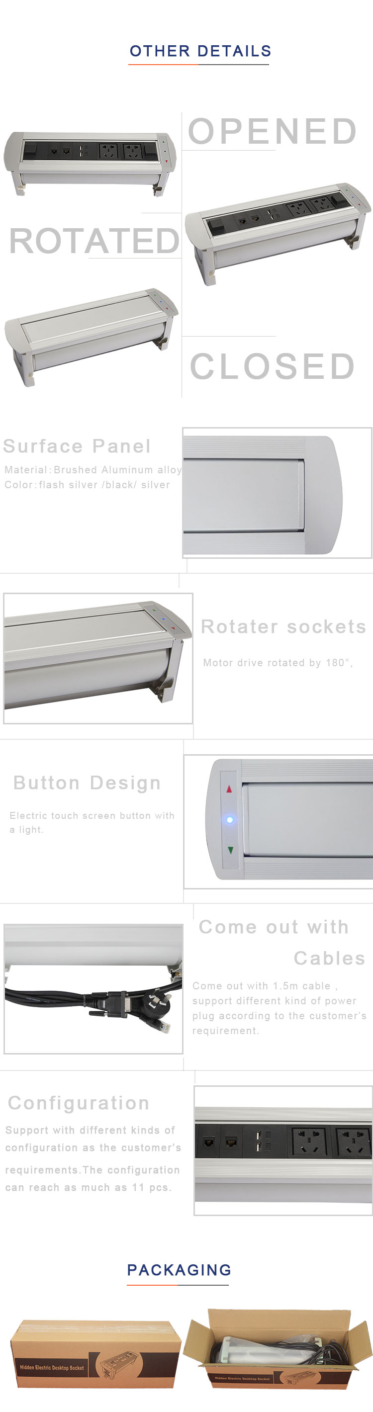 Customized aluminum universal power motorized overturn tabletop power socket with usb charger