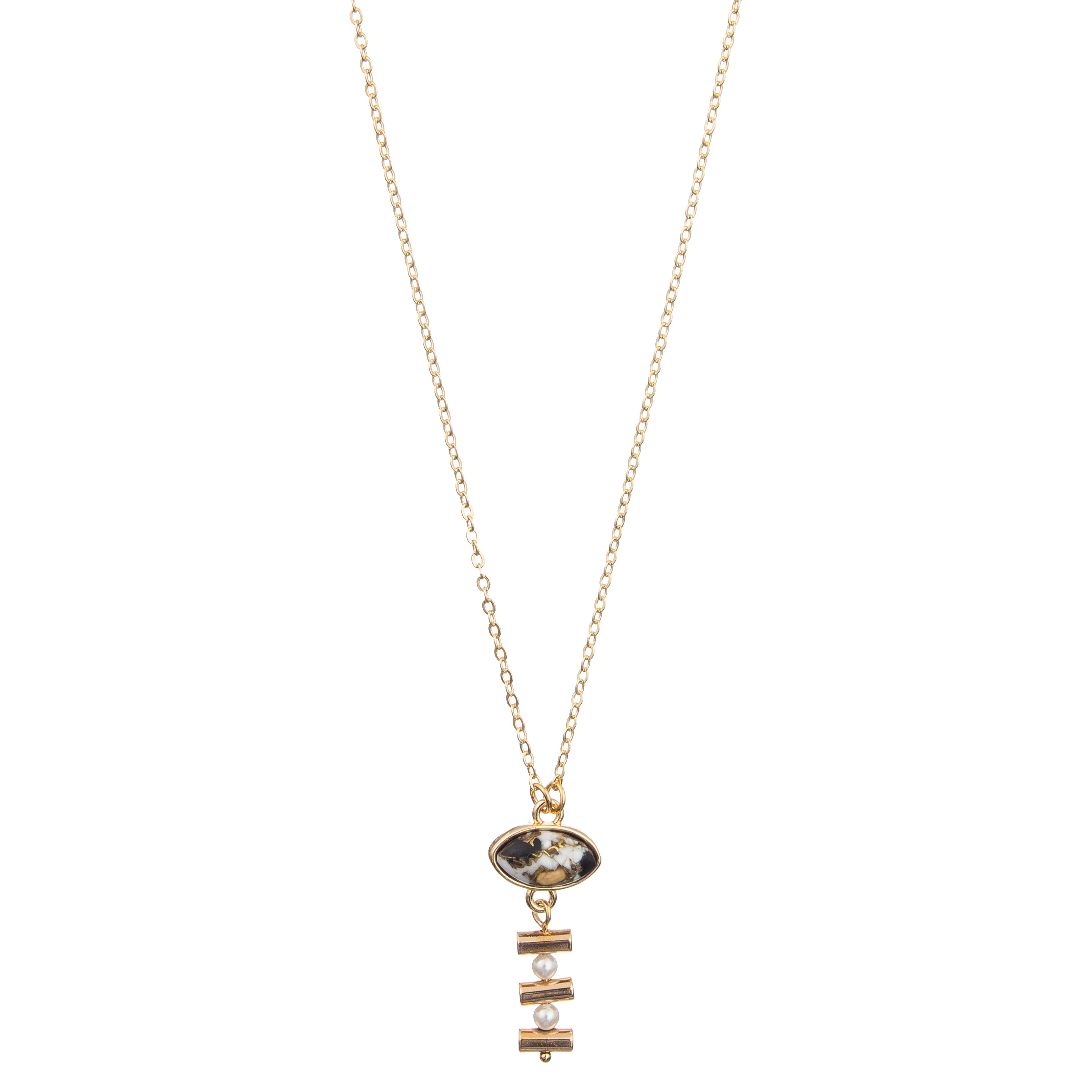 2 Pearls Handmade Chain Link Necklace Set With Gold Plated Oval Turquoise