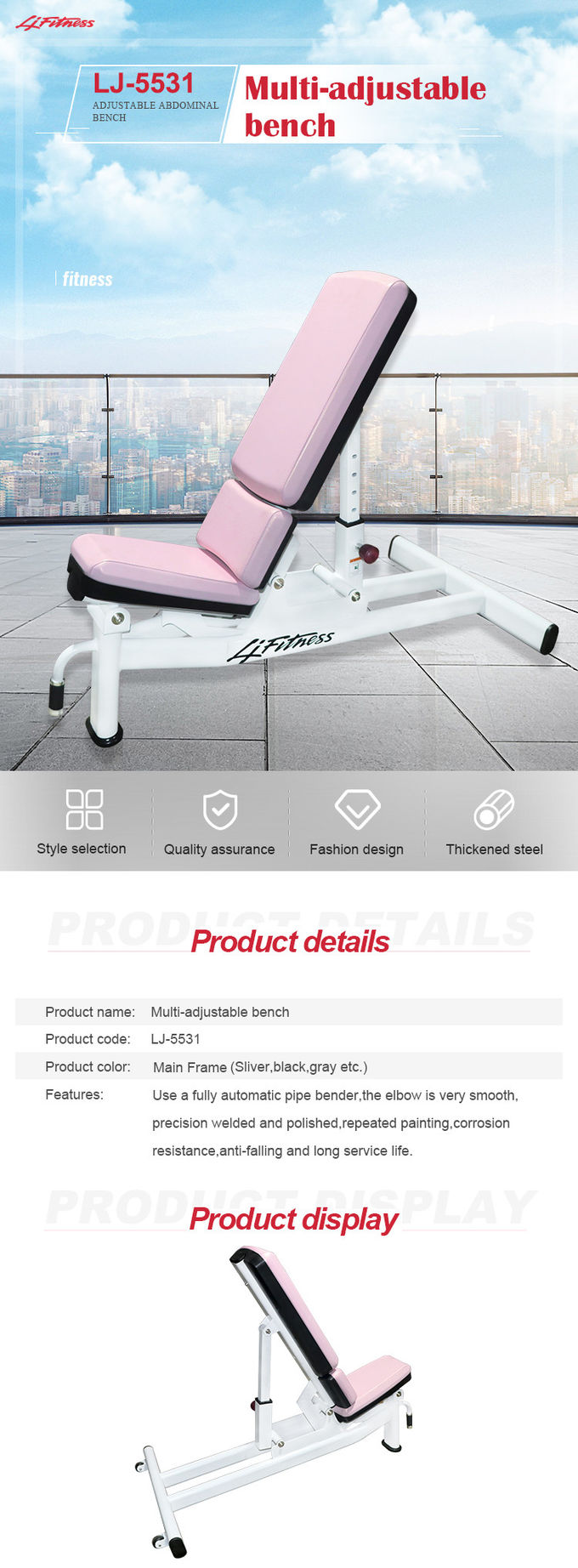 Lady Gym Fitness Equipment Pink Cushion Multi - Adjustable Bench