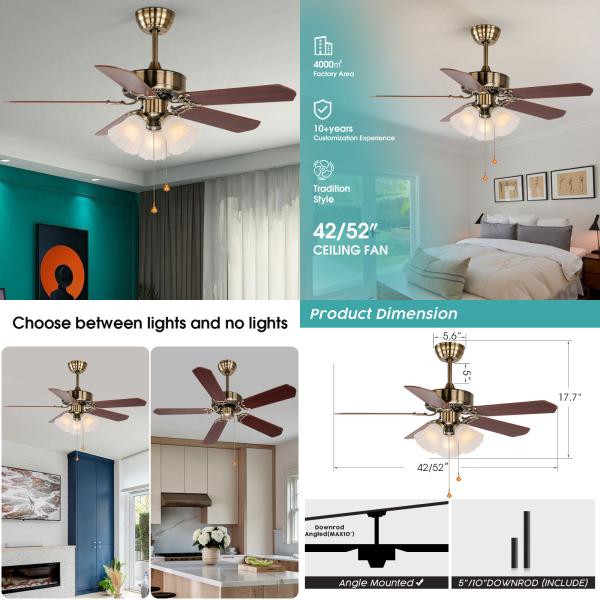 Manufacturer Ac Dc Classic American Style 42/52 Inches Pull Chain Wood Remote Control Copper Chandelier Ceiling Fan with Light