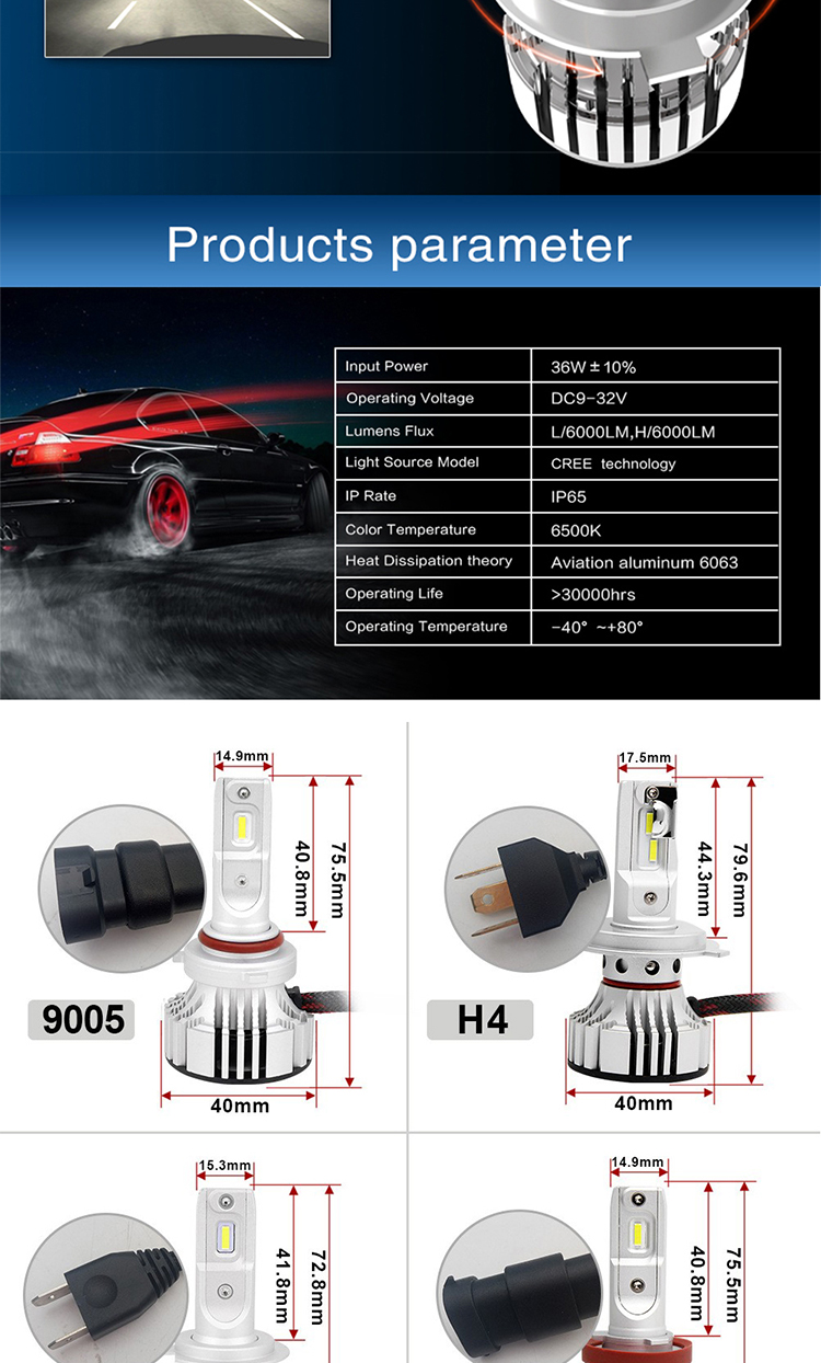 F2 H4 H7 9005 9006 Automotive LED Headlight Fanless Headlamp Fog Light