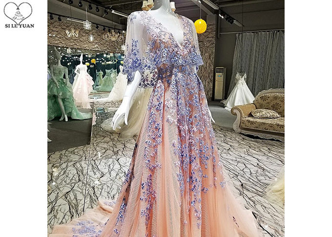 Backless Tailor Made Prom Dresses , Deep V Neck Floral Ball Gown Bat Wing Sleeve