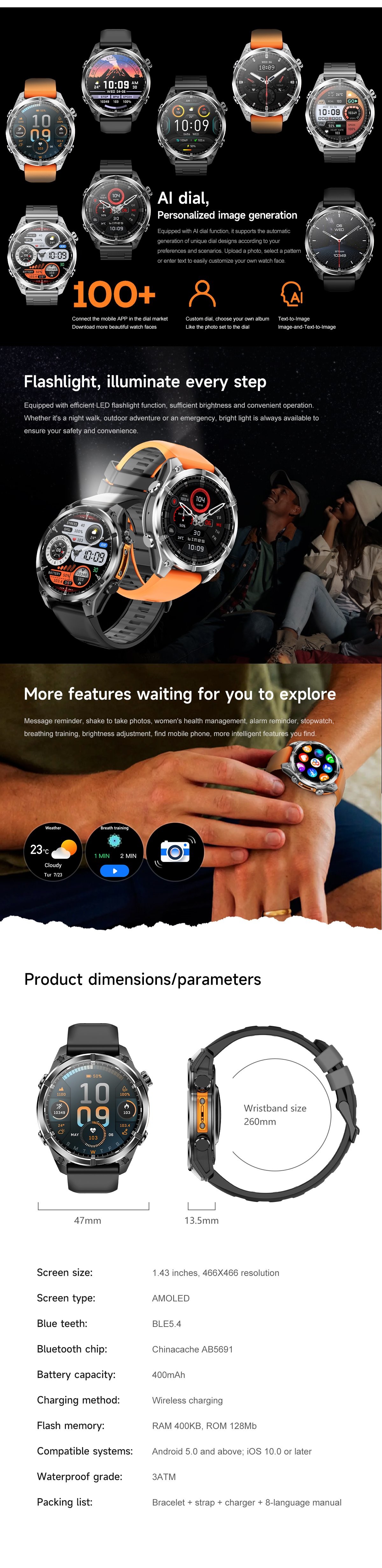 HD300 AMOLED Screen 30M Deep Waterproof Sport Smart Watch Health Monitor BT Calling