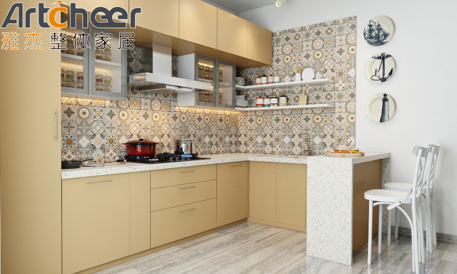 High End Mobile Design U Shape Kitchen Cabinet with Marble Stone Top and Gloss Finish