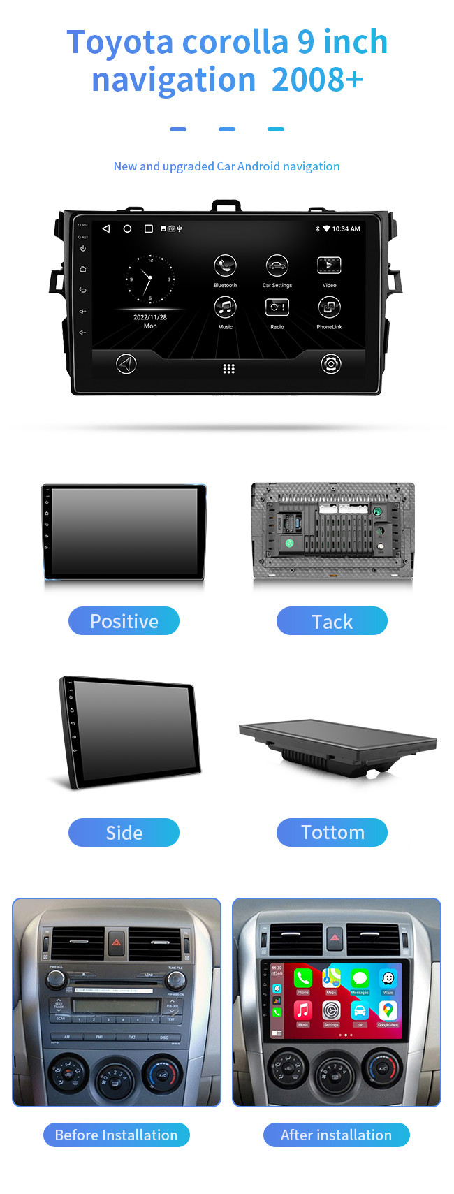 9 Inch Screen 8-Core Android Car Multimedia Player GPS Navigation For Toyota Corolla 2008