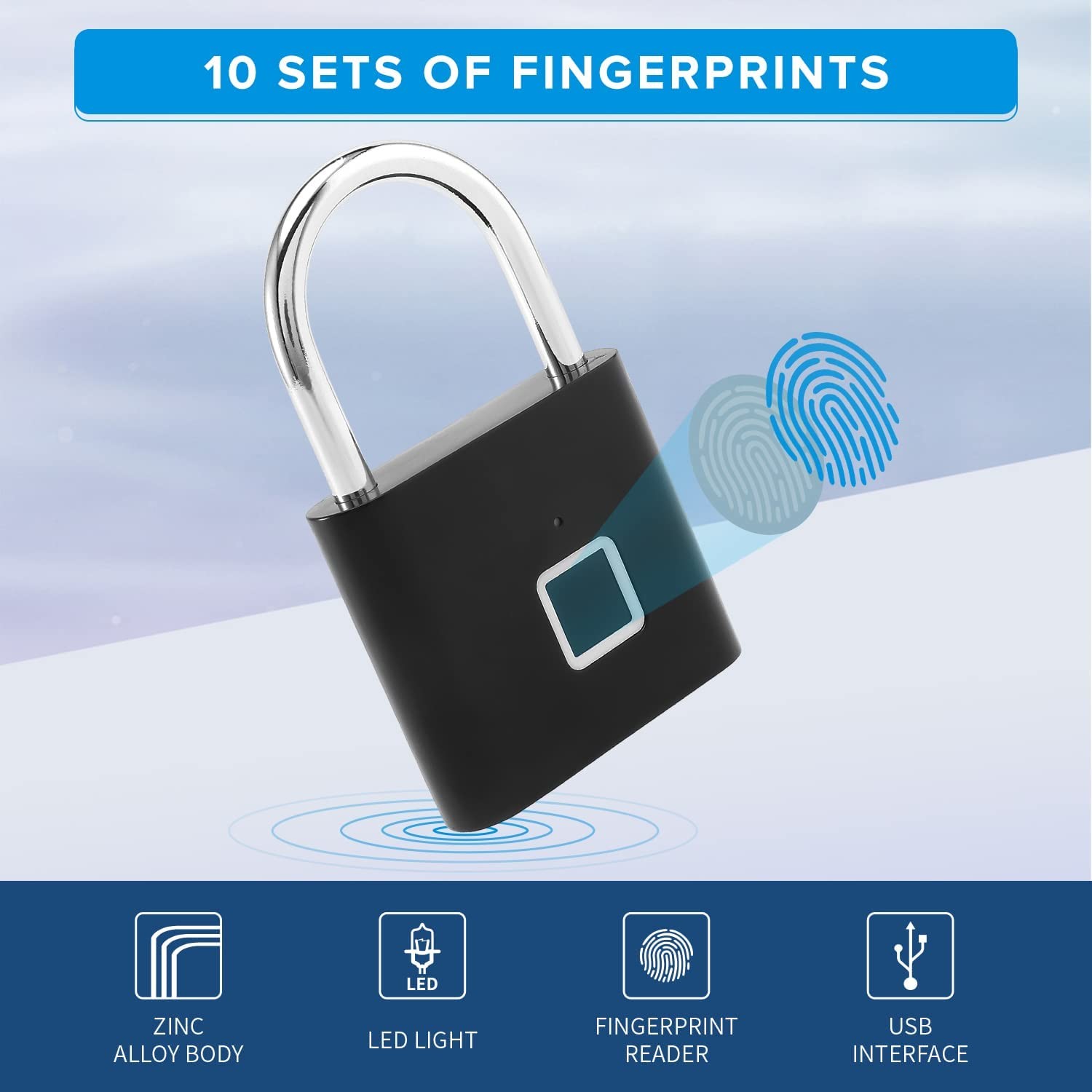 Biometric Smart Fingerprint Padlock USB Charging For Gym School