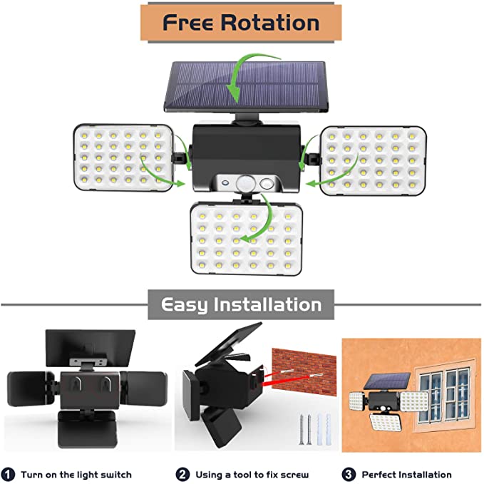 Adjustable Heads 1000lm 260Pcs LED Solar Motion Sensor Wall Light Outdoor