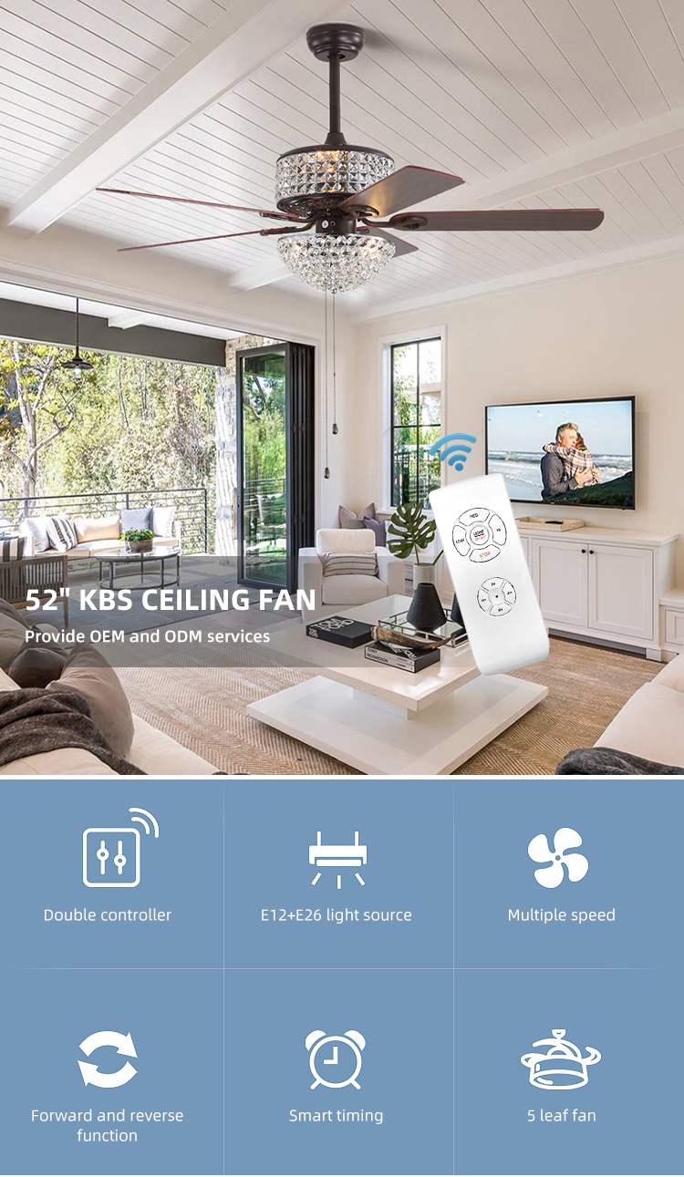 Bedroom AC110V 4100K Flush Mount Crystal Chandelier Ceiling Fan Remote Control
