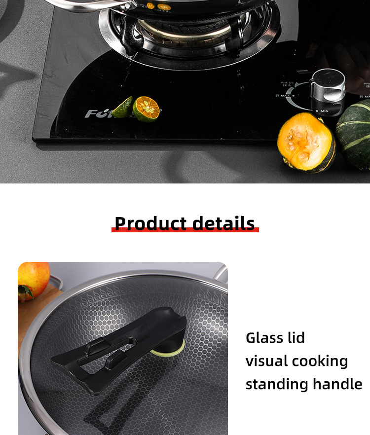 Hot Selling Kitchen 32cm Induction Wok Pan SUS 304 Stainless Steel Honeycomb Non-stick Frying Pan