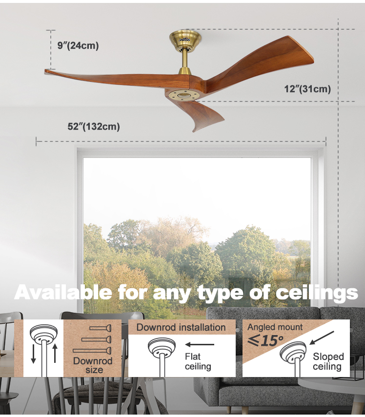Modern Gold Metal Ceiling Fan with Smart Control and Timer Yes Wooden Blades Included