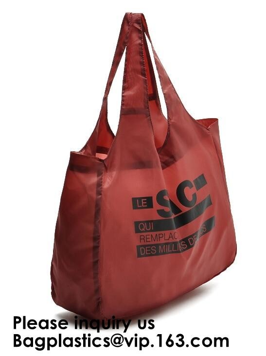 Printing Logo Polyester Handled Foldable Tote Bag With Snap Closure Foldable Bag Pocket Folding Nylon Shopping Bag