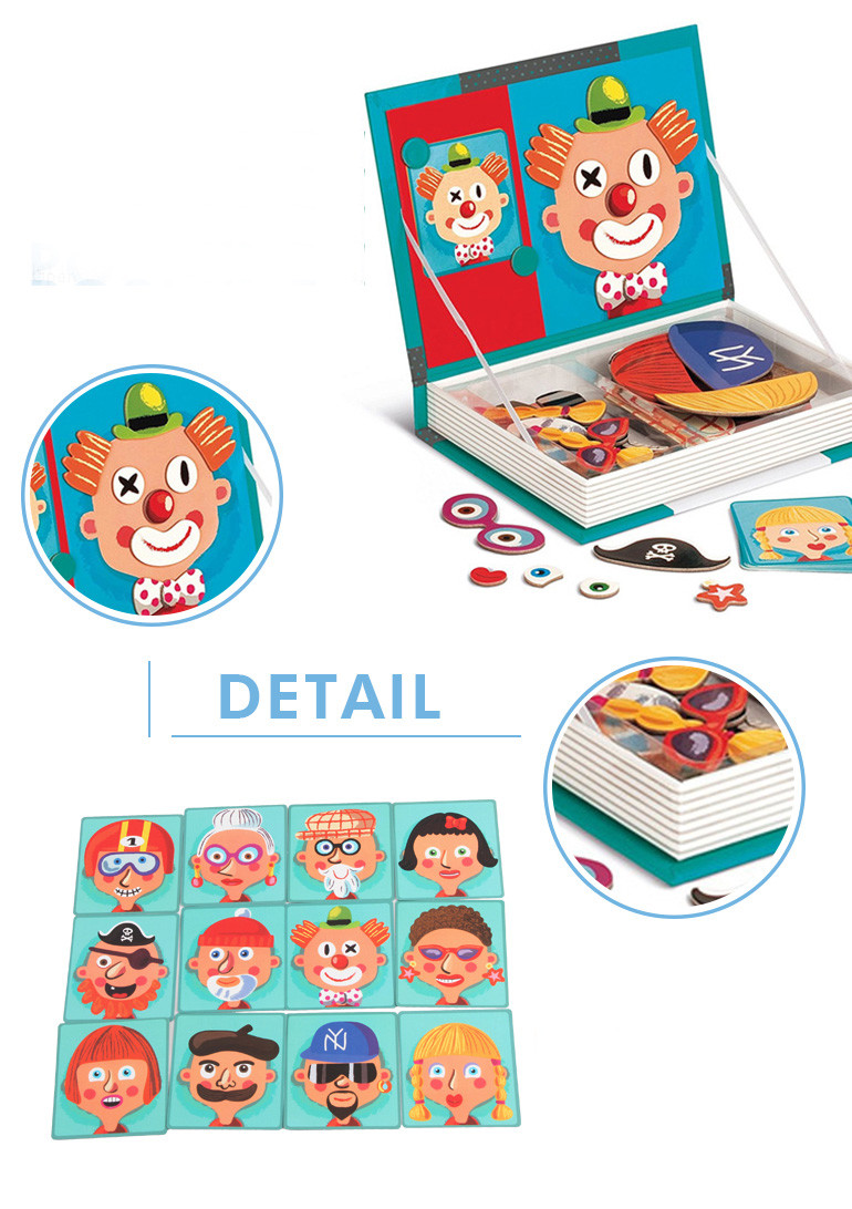 OEM Crazy Faces Magnetic Book Wood Jigsaw Puzzles Play Box For 3 Year Olds Children
